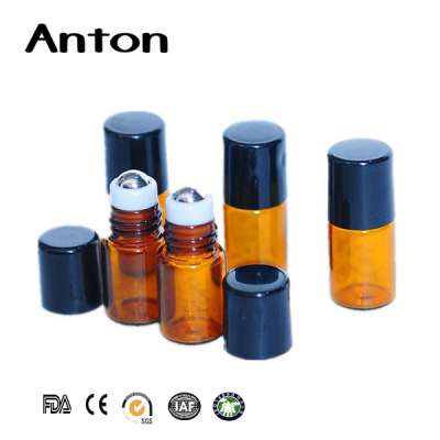 3ml 5ml 8ml 10ml Amber roll on tube glass bottles with stainless steel roller ball and black cap